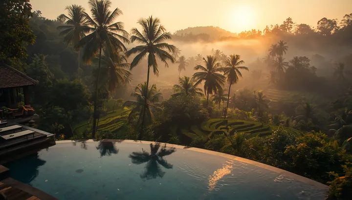 Villa pool above jungle and rice terraces in Bali at dawn (AI artwork)